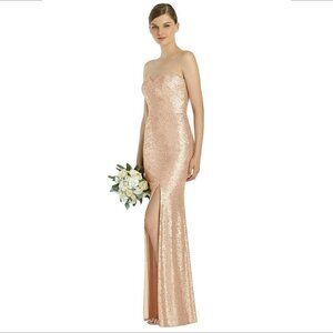 Dessy Collection strapless formal sequin column long gown dress rose gold new 0